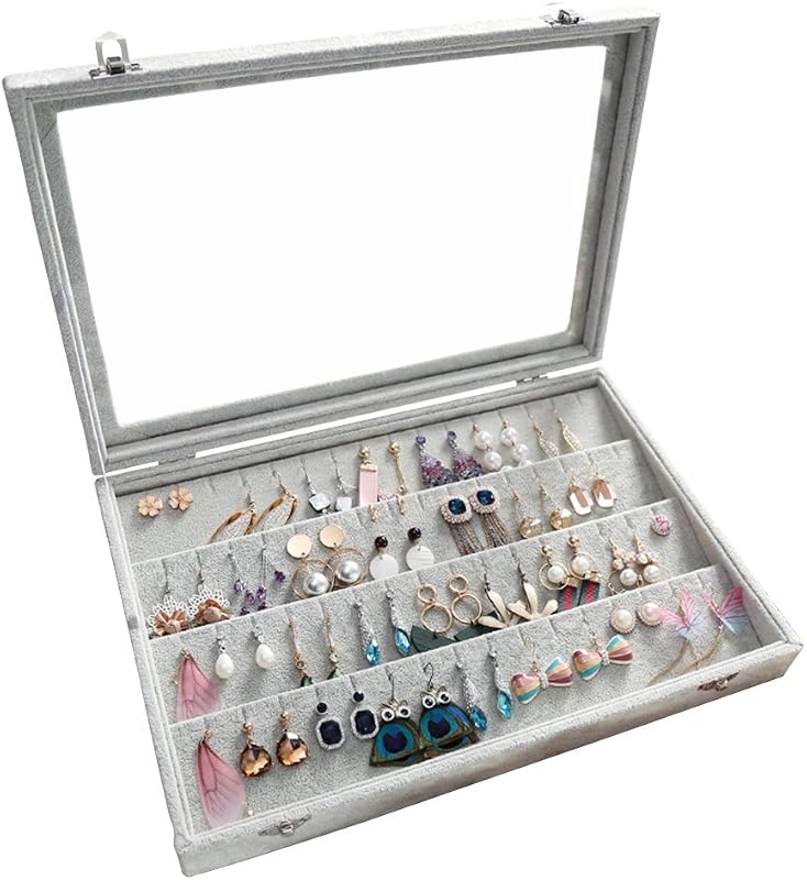 Wudygirl Bandeja organizadora de pendientes de terciopelo con tapa, 13,7 x 9,4 pulgadas, gris | Organizador de joyas para pendientes, 32 pares, perfecto para organización del hogar, exhibición de joyas, regalos, diseño a prueba de polvo