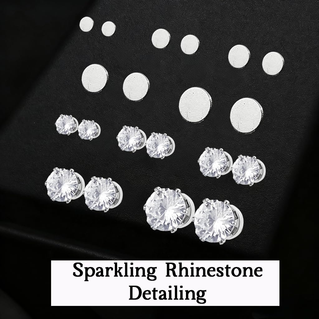 SANNIDHI® 5 Pairs Earrings Set for Women 4/5/6/7/8mm Rhinestone Magnetic Shiny Clip-on Earring Round Cubic Zirconia Stud Earrings for Non-Pierced Ears 3