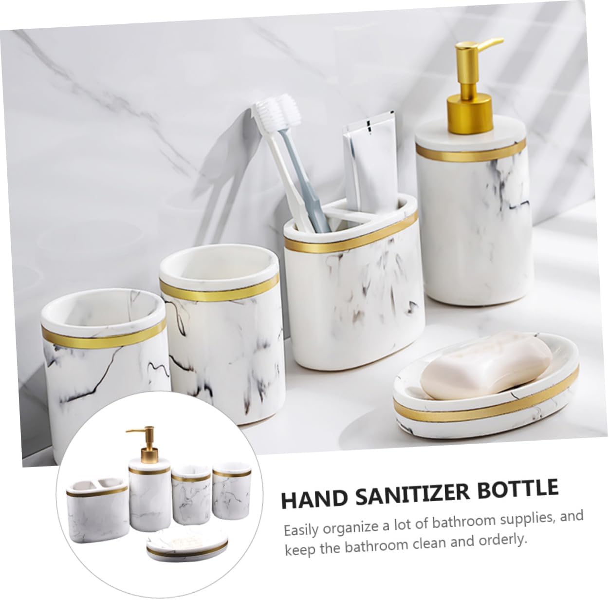 Healifty 5 Pcs Resin Bathroom Supplies Set Marble Effect Bathroom Accessories with Lotion Pump Bottle Toothbrush Holder Brushing Cups and Soap Dish for Organized Stylish Home