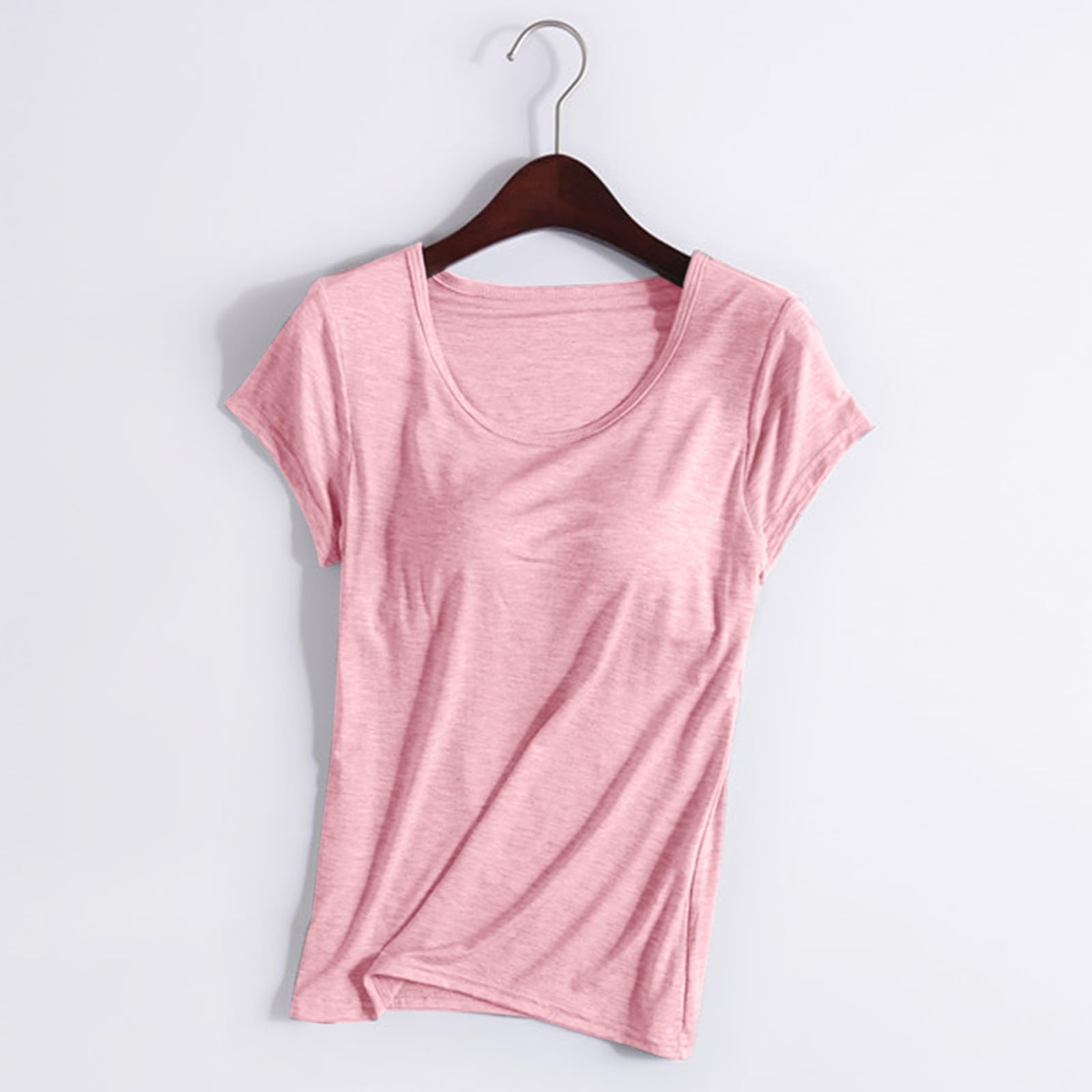 Womens Shirts with Built in Bra Short Sleeve Shirts Summer Casual Athletic Workout Yoga Shelf Bra Padded T Shirts Tops — view 3