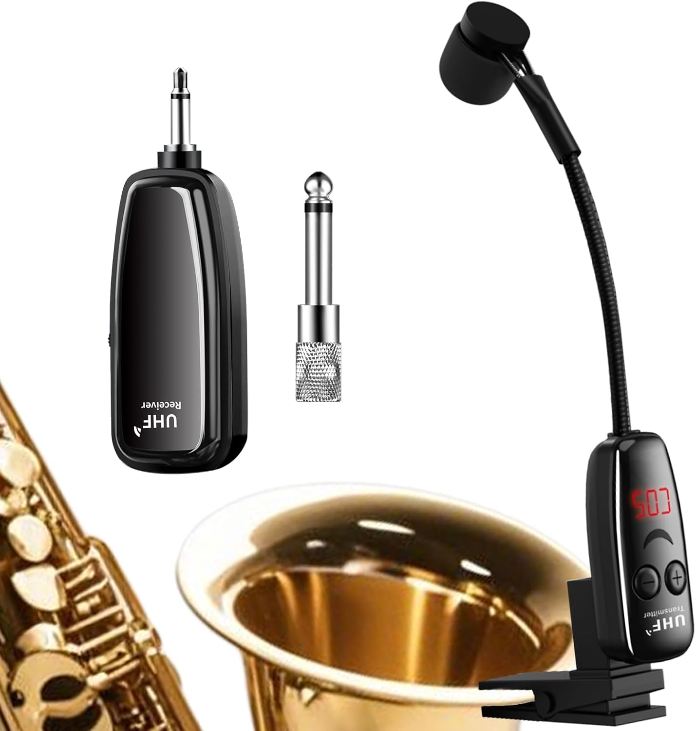 UHF Wireless Instruments Microphone,Saxophone Microphone,Wireless Receiver and Transmitter,164ft Range,Plug and Play,Great for Trumpets, Clarinet, Cello