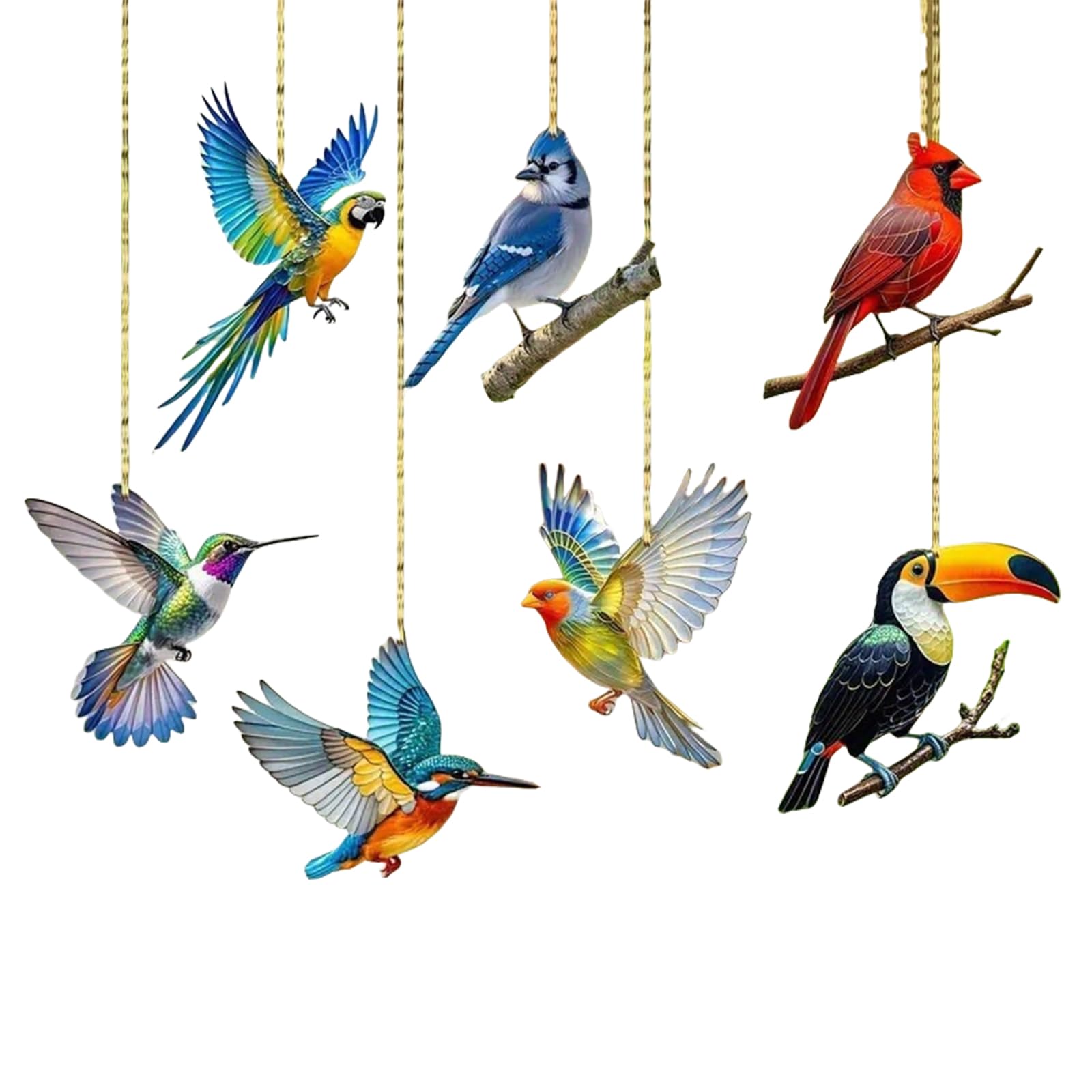 Tfaoys Seven Piece Set Artistic Flat Acrylic Window Hanging Decors Colorful Birds Snowman Pendants Windchimes For Porch Garden Car Interior Suncatchers Hanging Decoration