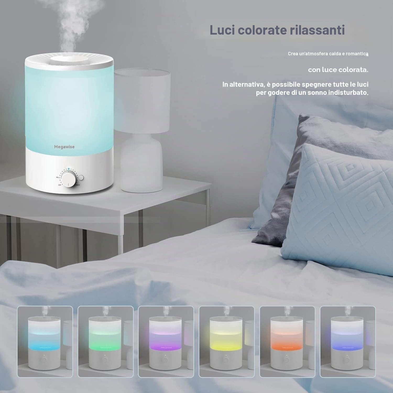 Umidificatore a ultrasuoni a nebbia fredda MEGAWISE da 3,5 l - Umidificatore silenzioso con riempimento dall'alto, vassoio per oli essenziali e luce notturna a 7 colori