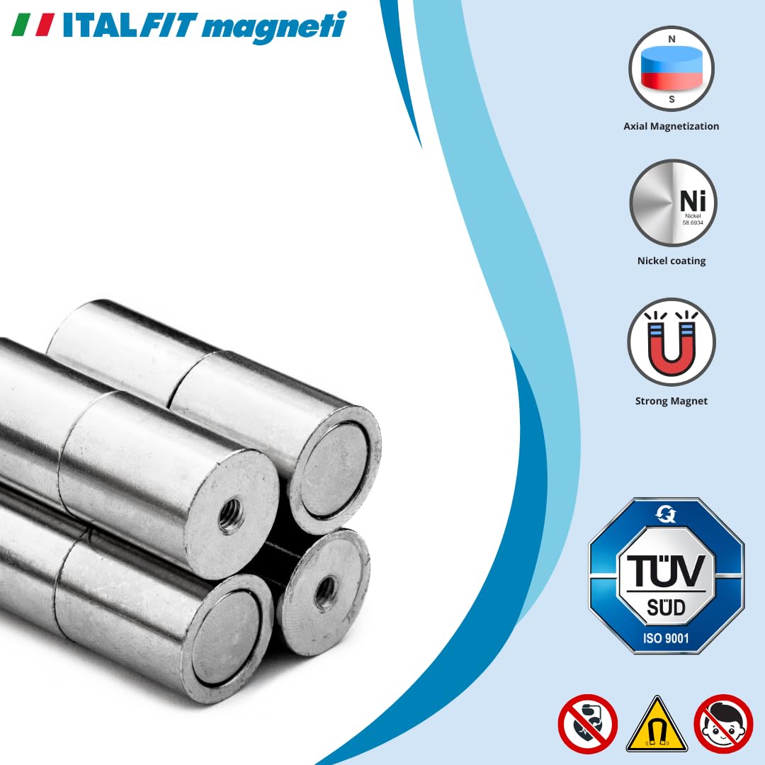 ITALFITMAGNETI 30 sztuk magnesów z otworem neodymowym o sile 8,60 kg - średnica 16 mm, grubość 20 mm, gwintowany otwór bez przelotki M4