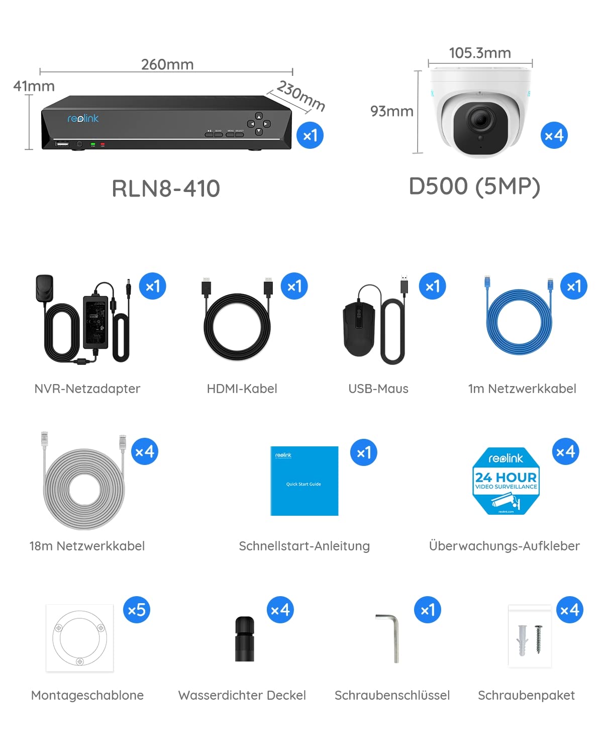 Reolink 5MP Überwachungskamera Set Outdoor, 4X 5MP PoE IP Dome Kamera Überwachung Aussen und 8CH 2TB HDD NVR für 24/7 Videoüberwachung, Personen-/Fahrzeugerkennung, Nachtsicht, RLK8-520D4-5MP