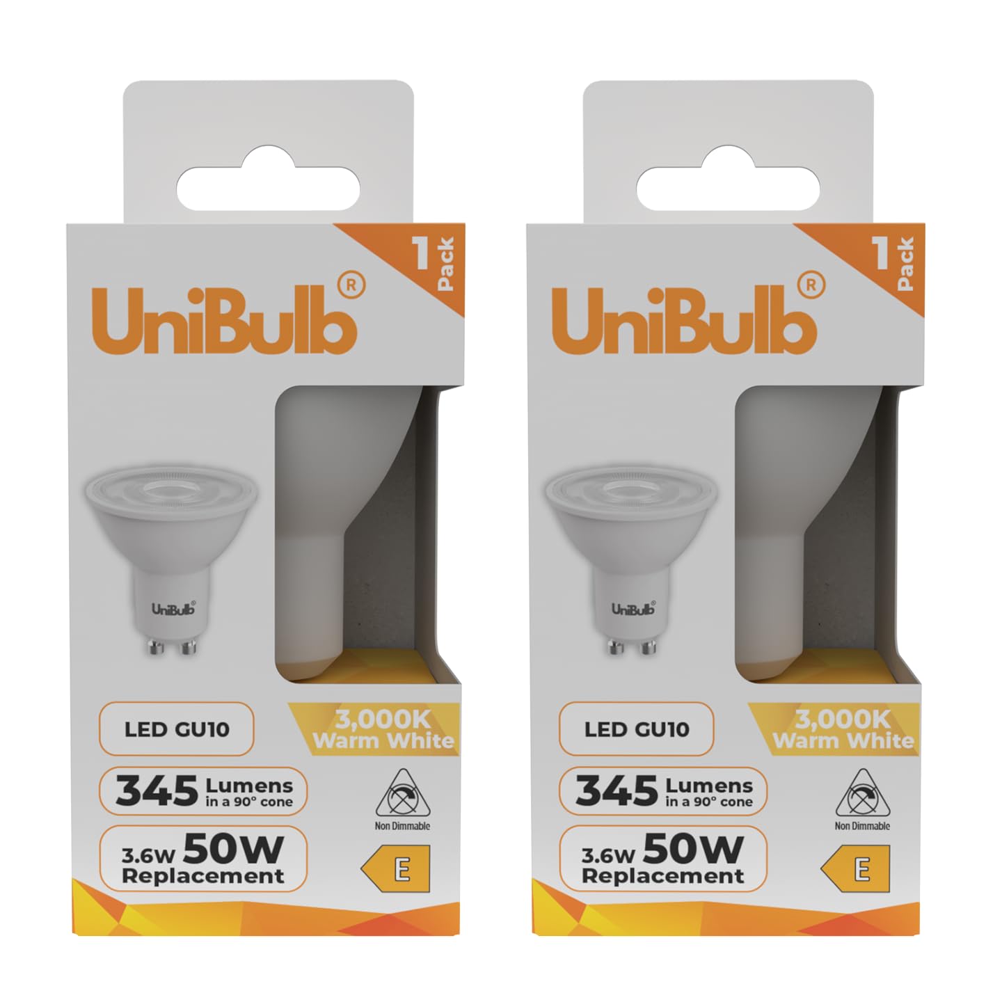 Unibulb GU10 LED Bulb Warm White, 3.6W LED Spotlight/Downlight/Ceiling Light Bulb, 345 Lumens, 3000K, Replaces 50W Halogen, 25,000hr Life, Non-Dimmable (2)