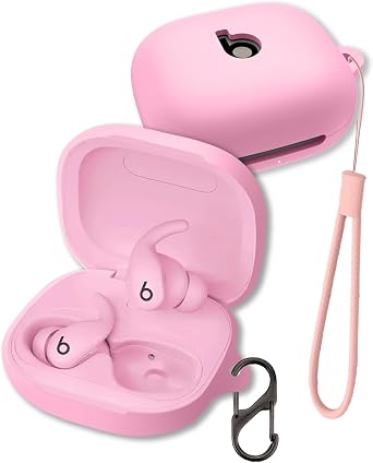Case for Beats Powerbeats Fit Earbuds 2025, FJIASTB Soft Silicone Protective Cover with Carabiner and Lanyard, Shockproof Pink