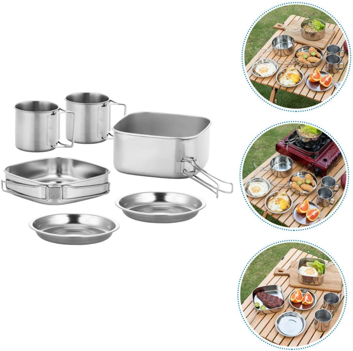 Camping Hiking Cookware Kit Stainless Steel Pot Pan Plates Cups Multipurpose Outdoor Cooking Equipment