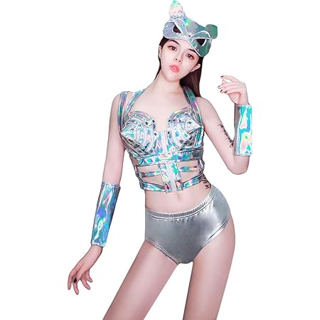 Amazon Miaomise ステージ衣装 レディース ポールダンス ダンス衣装 ヒップホップ 衣装 Hiphop Jazz Ds演出服 ジャズ ダンス衣装 グラブ キャバ 服 ダンスウェア コスプレ イベント シルバー フリーサイズ コスプレ 仮装 通販