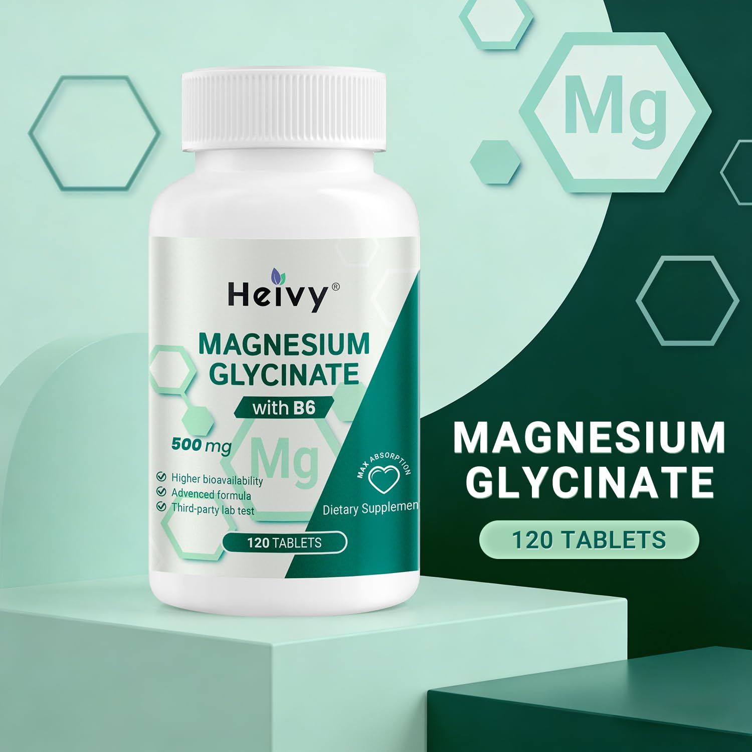 Heivy Pure Magnesium Glycinate 500mg, 120 Tablets Made in USA — Amazon image 9