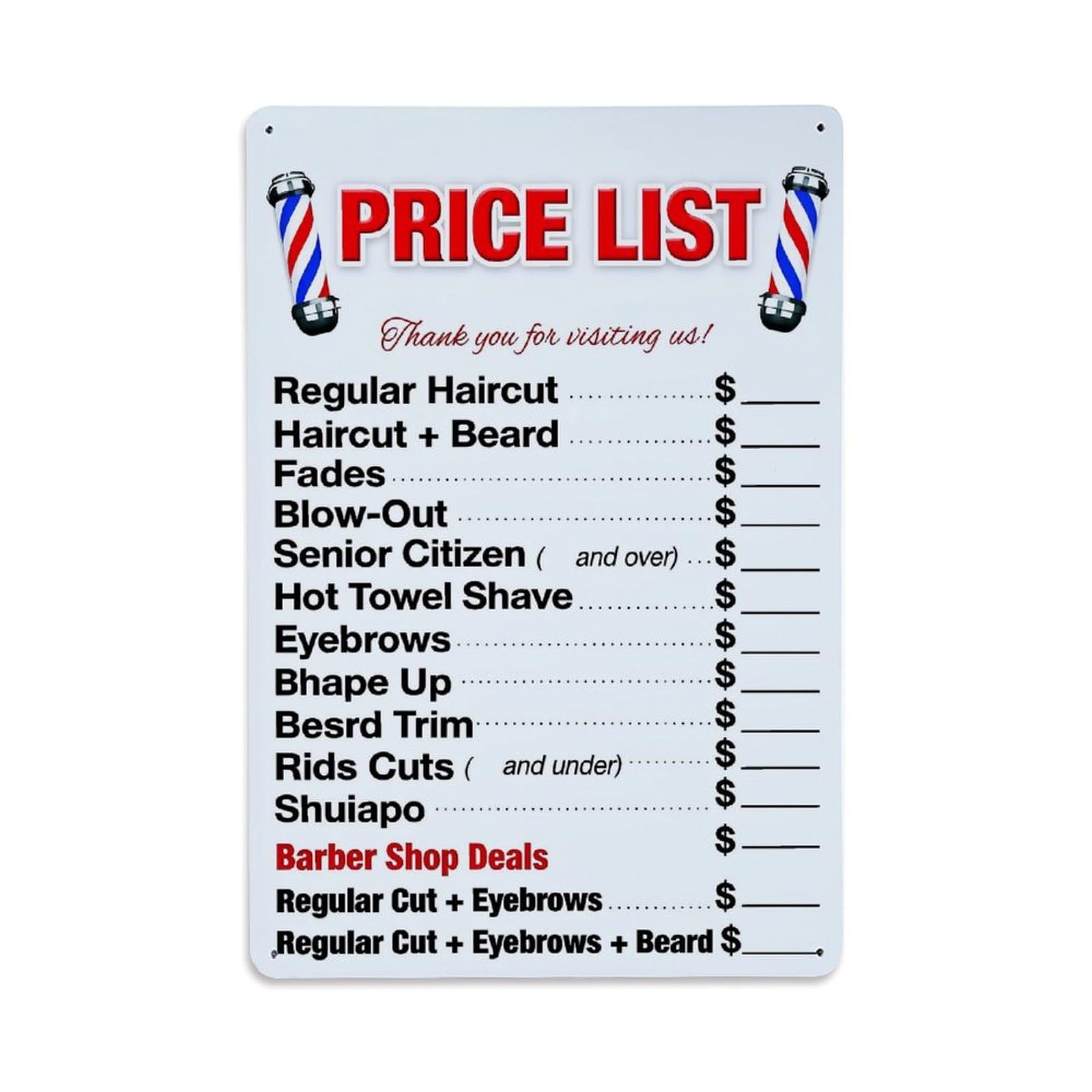 Jdfenggu Vintage Price List Barber Shop Template Retro Metal Tin Sign, Metal Poster For Bar, Home, Man Cave, Kitchen, Laundry Room Art Decor 8X12 Inch