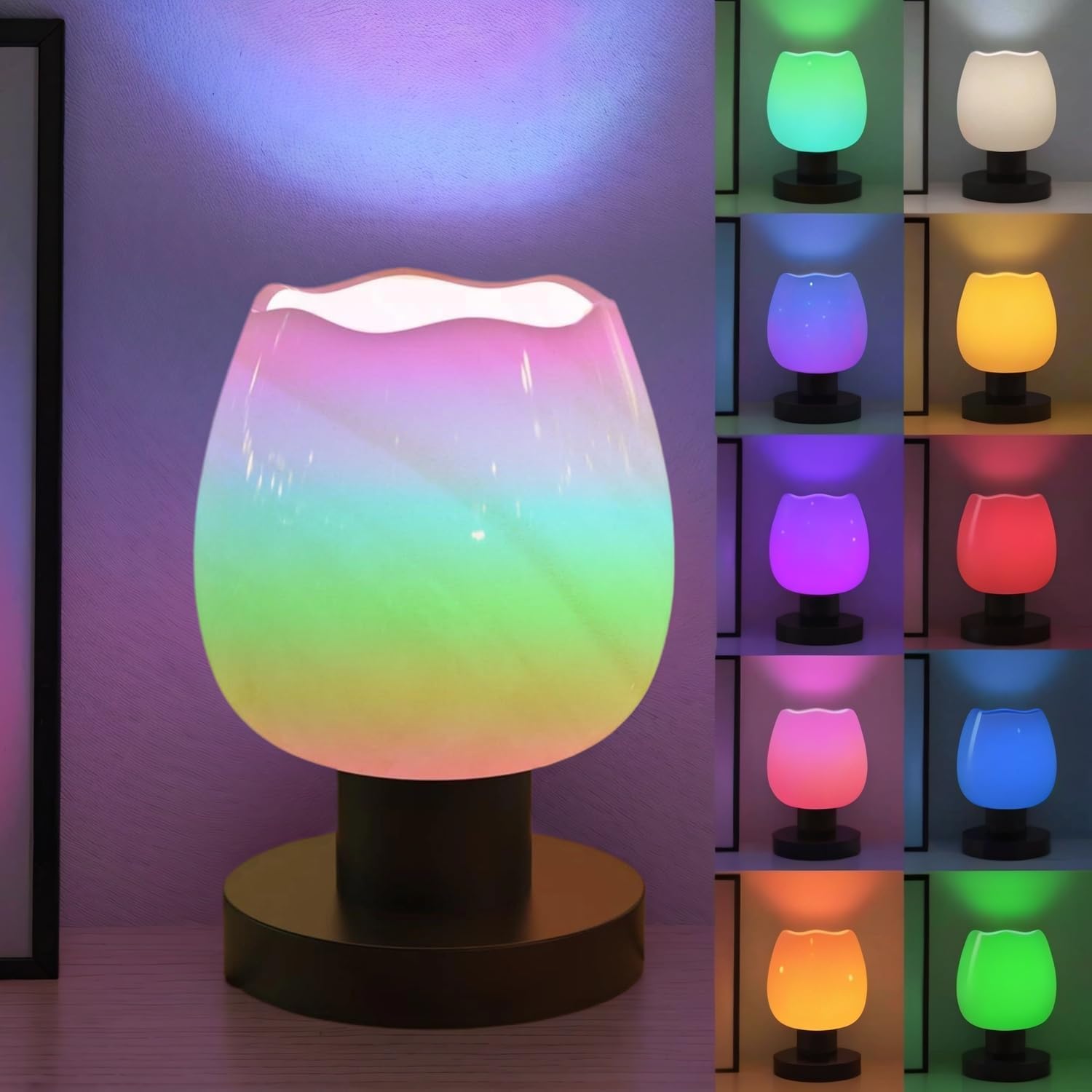 NENRENT Smart LED RGB Colorful Changing Table Lamp, Modern Glass lampsharde Bedside Lamps with APP Control & Music Sync & Timer Nightstand Lamp for Bedroom,Kids Room, Living Room,Decor Gift