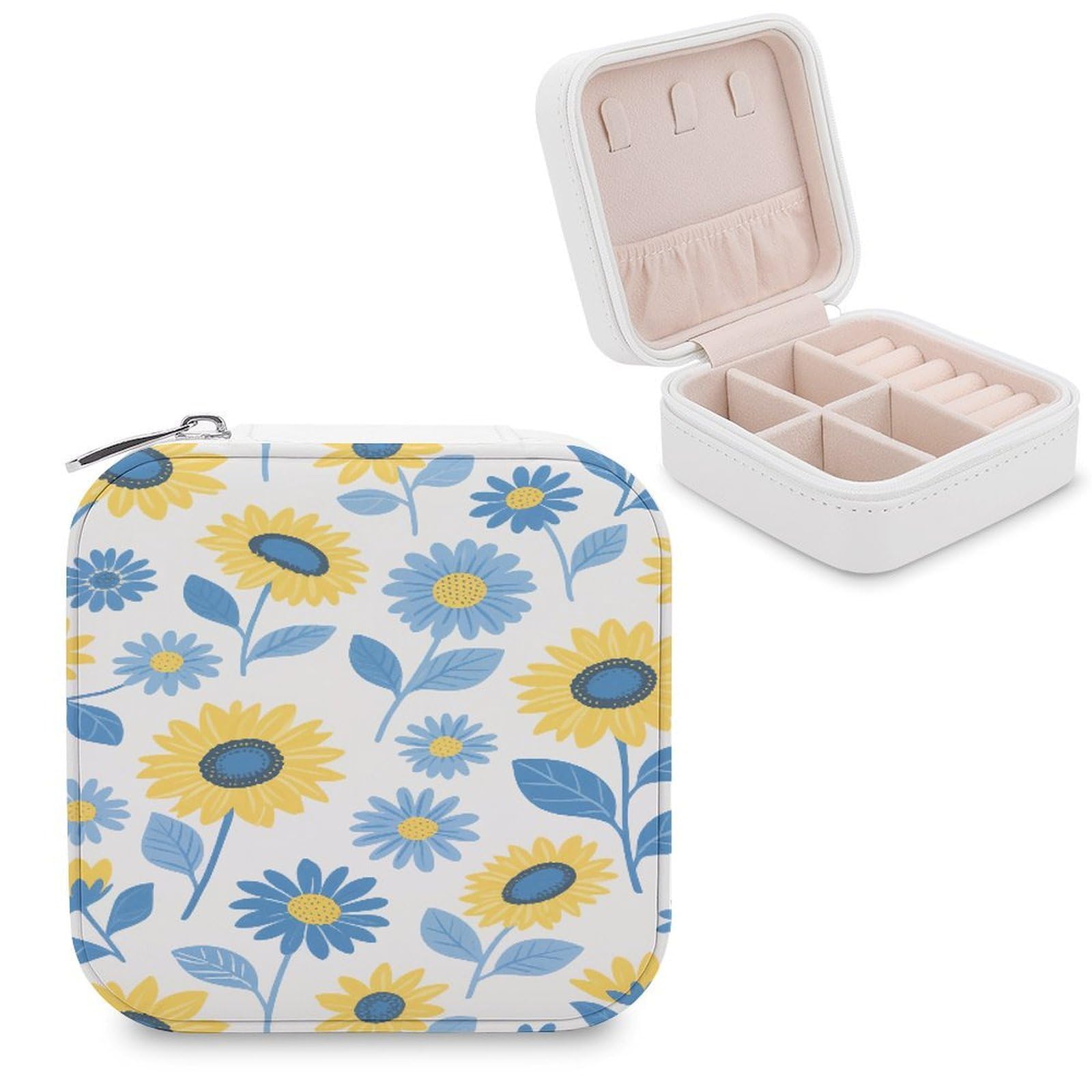 VstaDank Sunflower & Blue Daisy Jewelry Box for Women Custom Travel Jewelry Case Personalized Travel Jewelry Boxes Small Portable Jewelry Organizer Box for Rings Necklaces Bracelets Earring