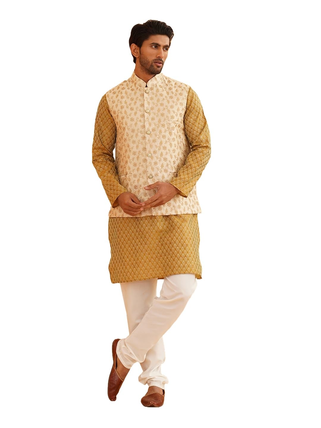 (Since 1958 Men's Silk Blend Self Design Mustard Kurta With Pyjama & Beige Nehru Jacket
