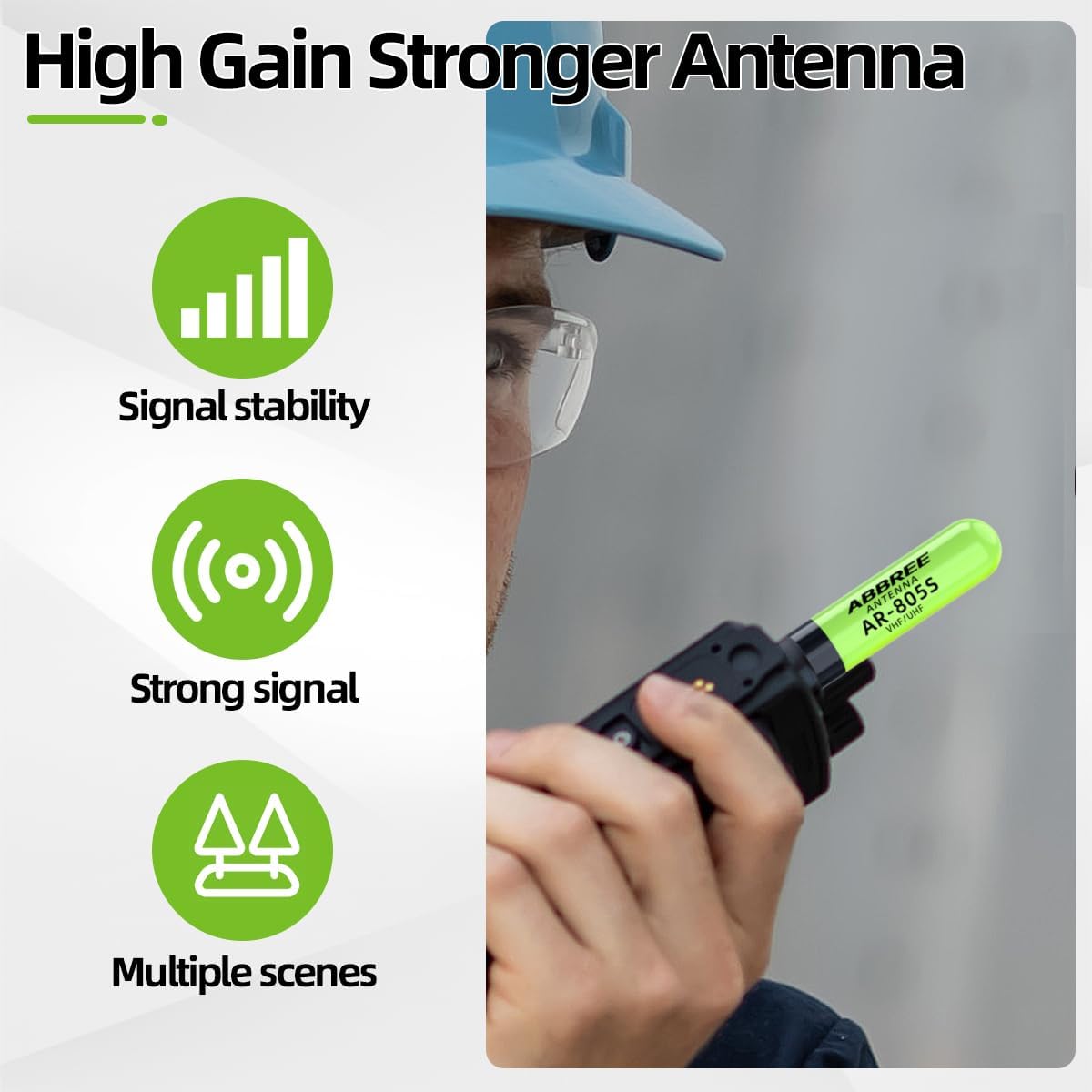 Graphic illustrating the benefits of the ABBREE AR-805S antenna, including signal stability, strong signal, and suitability for multiple scenes.