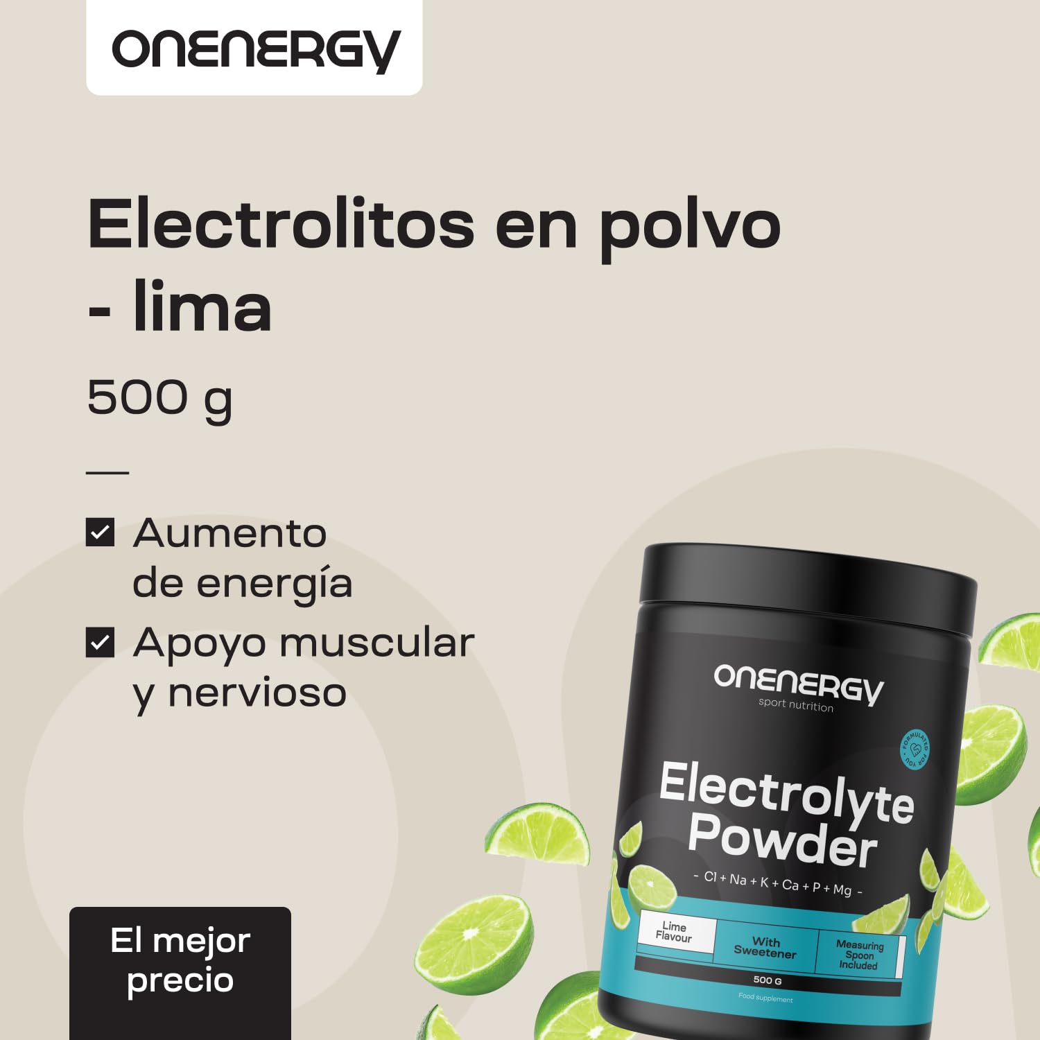 Electrolitos en polvo - Lima - 500 g - 142 dosis - Mezcla de 6 minerales - Hidratación - Apoyo muscular y nervioso - Con cuchara dosificadora - Para casi 5 meses