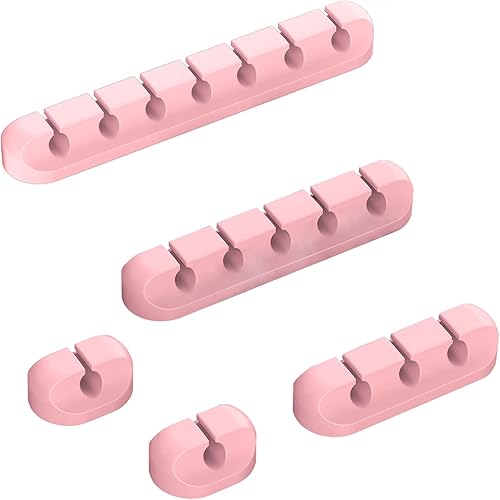 Organizador de cables de accesorios de escritorio rosa, soporte de cable rosa para escritorio, paquete de 5 (7-5-3-1-1 ranuras) clips de cable para