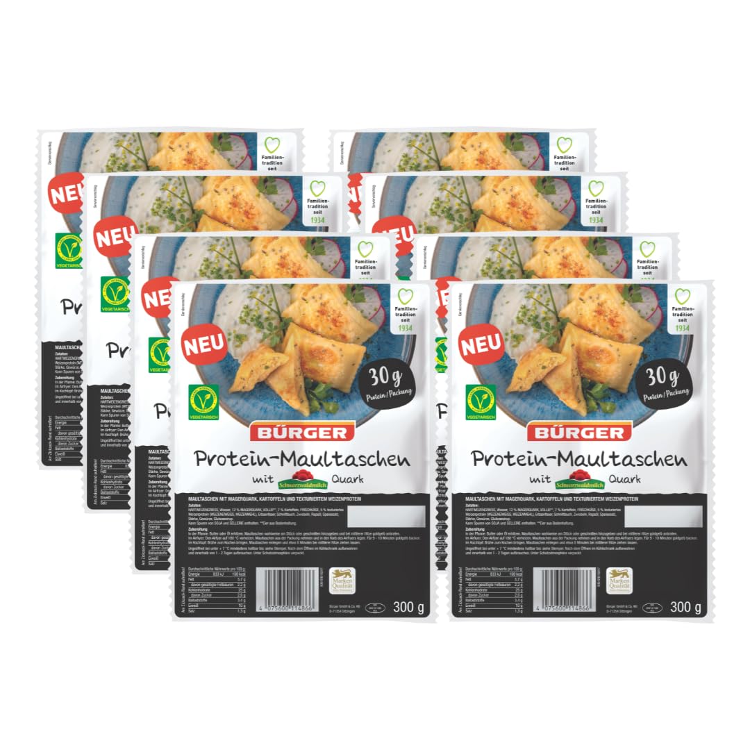 BÜRGER pierogi proteinowe z twarogiem z mlekiem ze Szwarcwaldu 300 g – wysokobiałkowe, pierogi szwabskie, szybkie gotowanie, obfite i sycące, 8 worków po 300 g