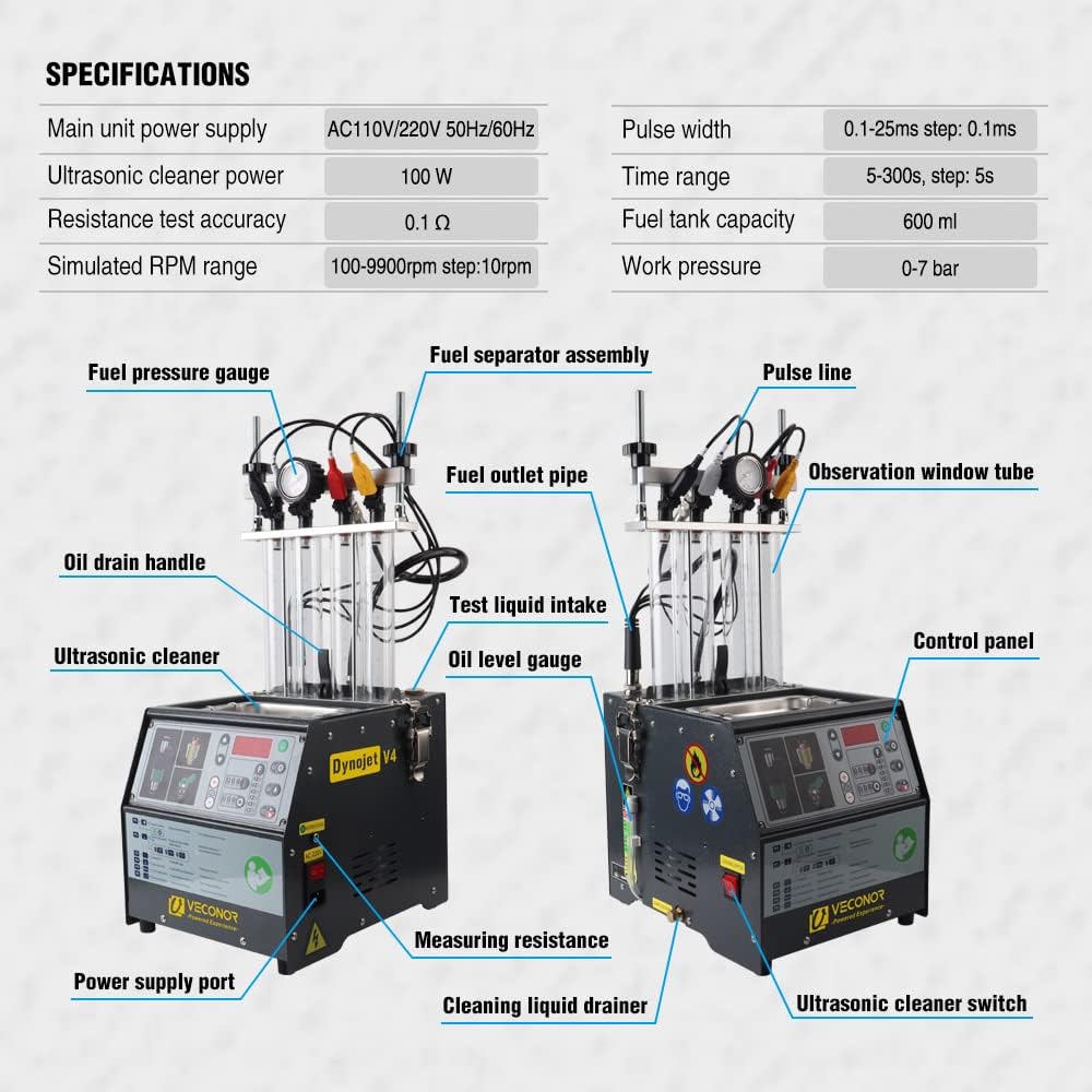 VECONOR Intelligent Car Fuel Injector Tester Cleaning Machine Injector Ultrasonic Cleaner 4-Cylinders