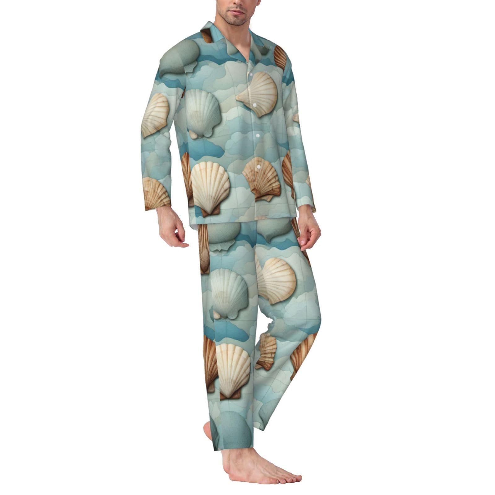 Herren-Pyjama-Set, langärmelig, Muschelmuster, zweiteilig, bequem, Nachtwäsche