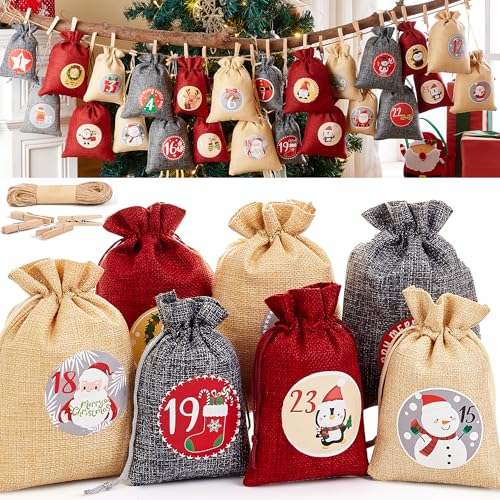 QINJIEJIE Adventskalender zum Befüllen 2 Größen Jutesäckchen – 24...