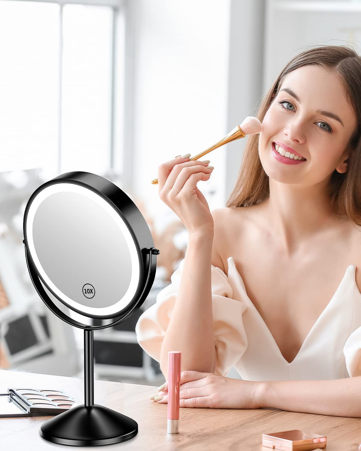 Gospire Specchio da trucco illuminato da 8 pollici con ingrandimento 10X/1X, 3 luci di colore | Regolazione della luminosità, rotazione a 360°, doppio lato, ricaricabile, senza fili, specchio cosmetico a LED per trucco