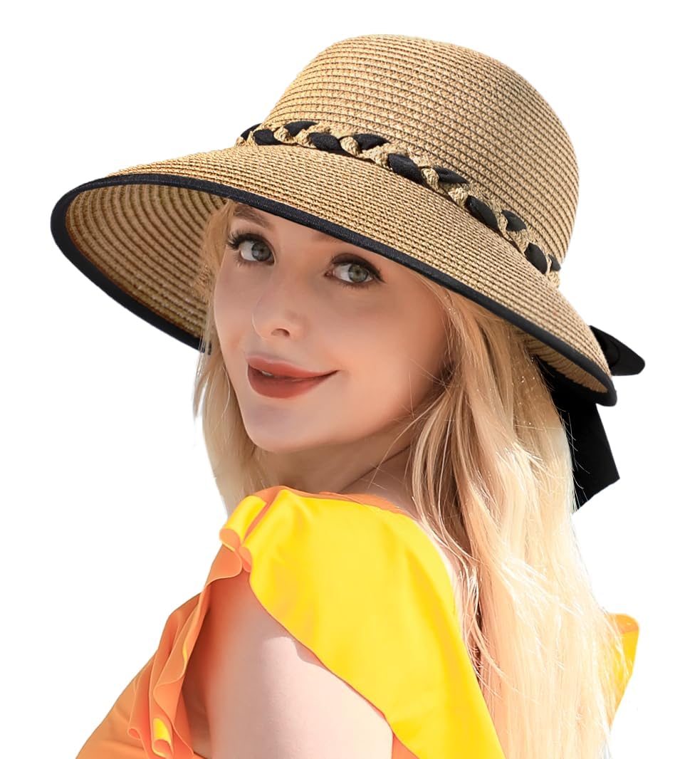 Beach Sun Straw Hats for Women, UPF 50+ UV Sun Protection Wide Brim Summer Straw Hat Foldable Packable Roll up Cap Deep Khaki