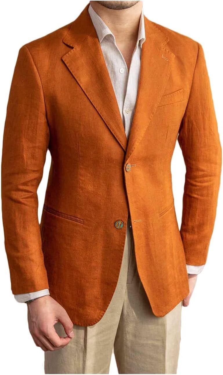 Men's Casual Linen Blazer Jacket Single Breasted Sports Coat Vintage Notched Lapel Wedding Tuxedo
