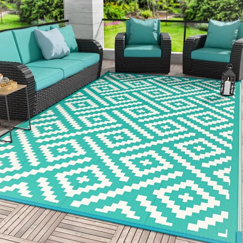 Image of GENIMO Outdoor Rug, Waterproof Plastic Rugs for Patio, 6'x9' Lakegreen | Outside Larger Modern Carpet Mat for Porch Decor, Deck, Balcony, Camping, RV, Backyard, Picnic, Beach, Reversible, Foldable