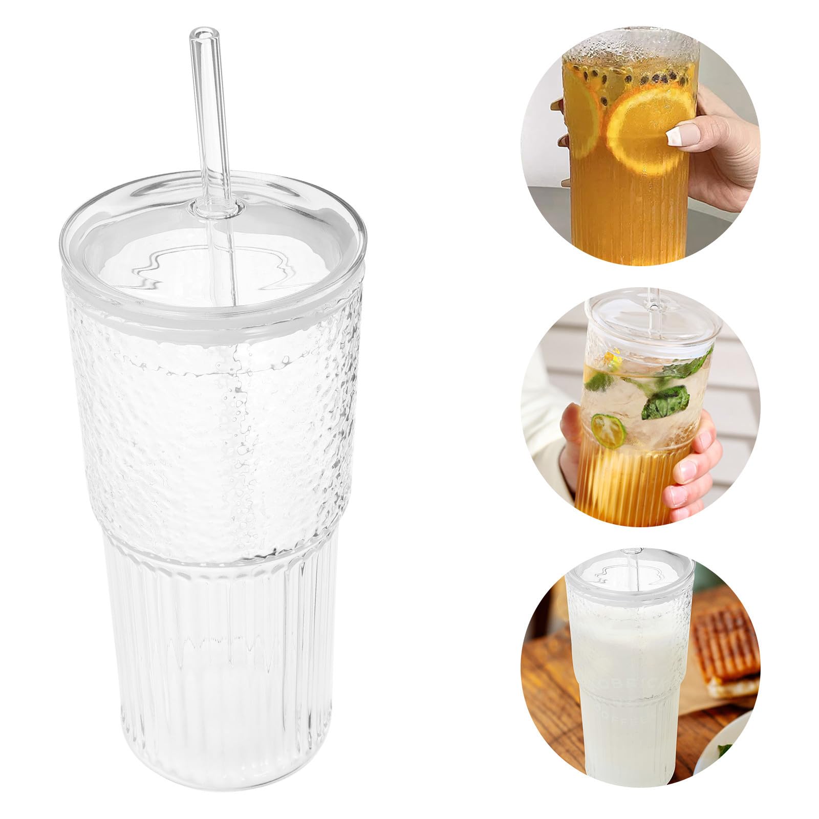 Angoily Glas Trinkbecher Großes Fassungsvermögen Glatte Oberfläche 650ml 2 Stück mit Deckel und Strohhalm für Cafés und Hotels