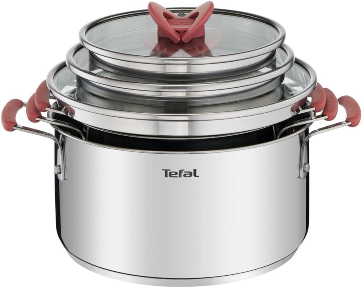 Tefal Optispace - Juego de 3 Ollas 18/20/24 cm + 3 Tapas, Apto inducción, Thermo-Fusion, marcas medición, apto lavavajillas y horno, acero inoxidable