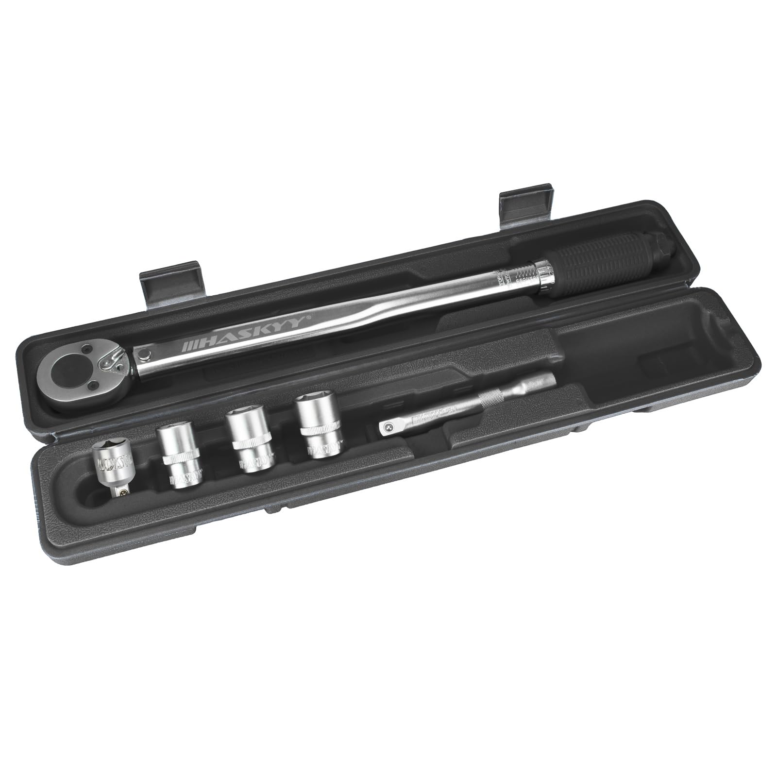 HASKYY Klucz dynamometryczny, 28 do 210 Nm, 1/2", adapter 3/8", 3 gniazda 17, 19, 21 mm, do nakrętki koła