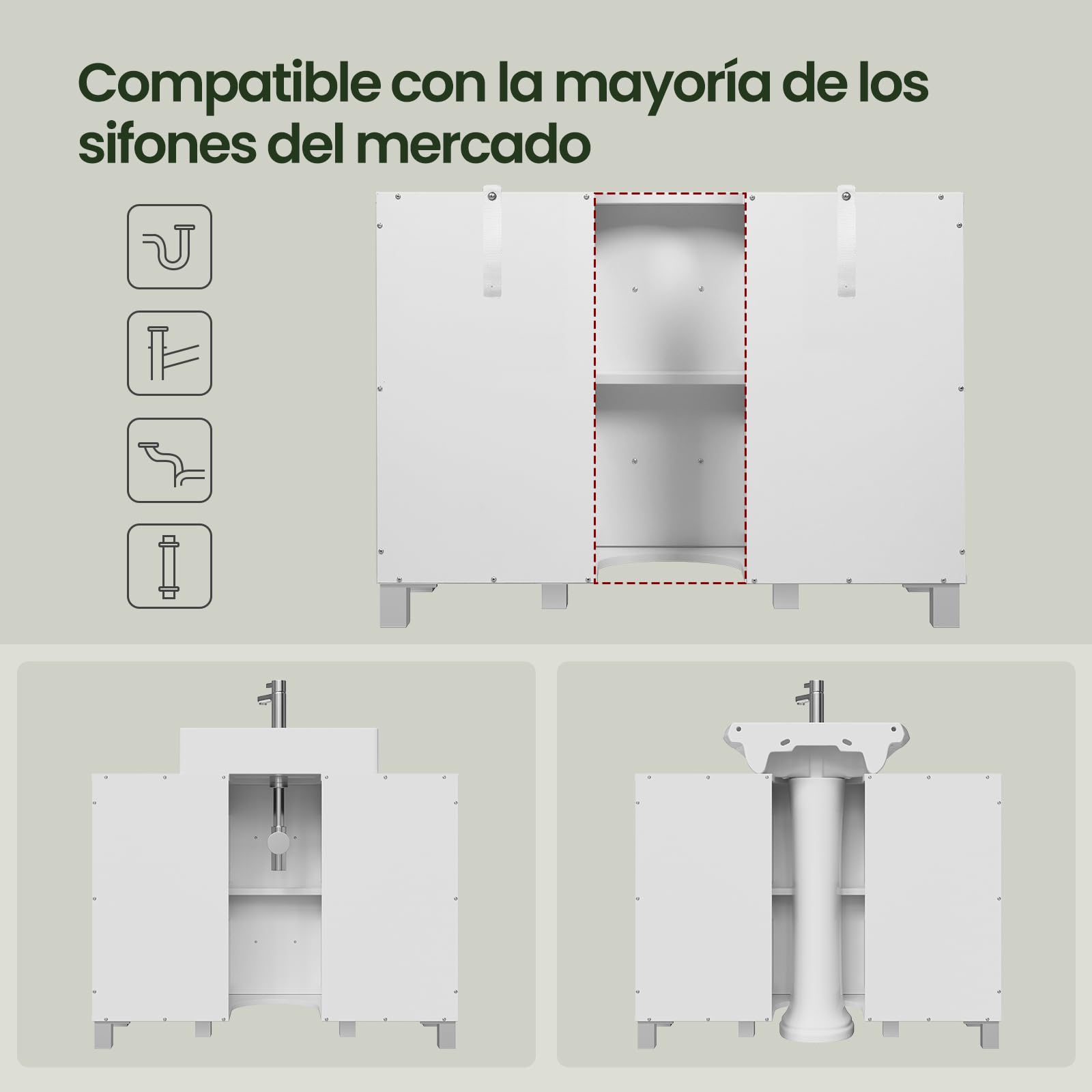 EUGAD Mueble Bajo Lavabo, Armario Baño de Pies con 2 Cajones, 80x30x60 cm, Mueble Baño Moderno con Recorte de Sifón 20x22 cm, Armario para Lavabos con Pedestal, Blanco