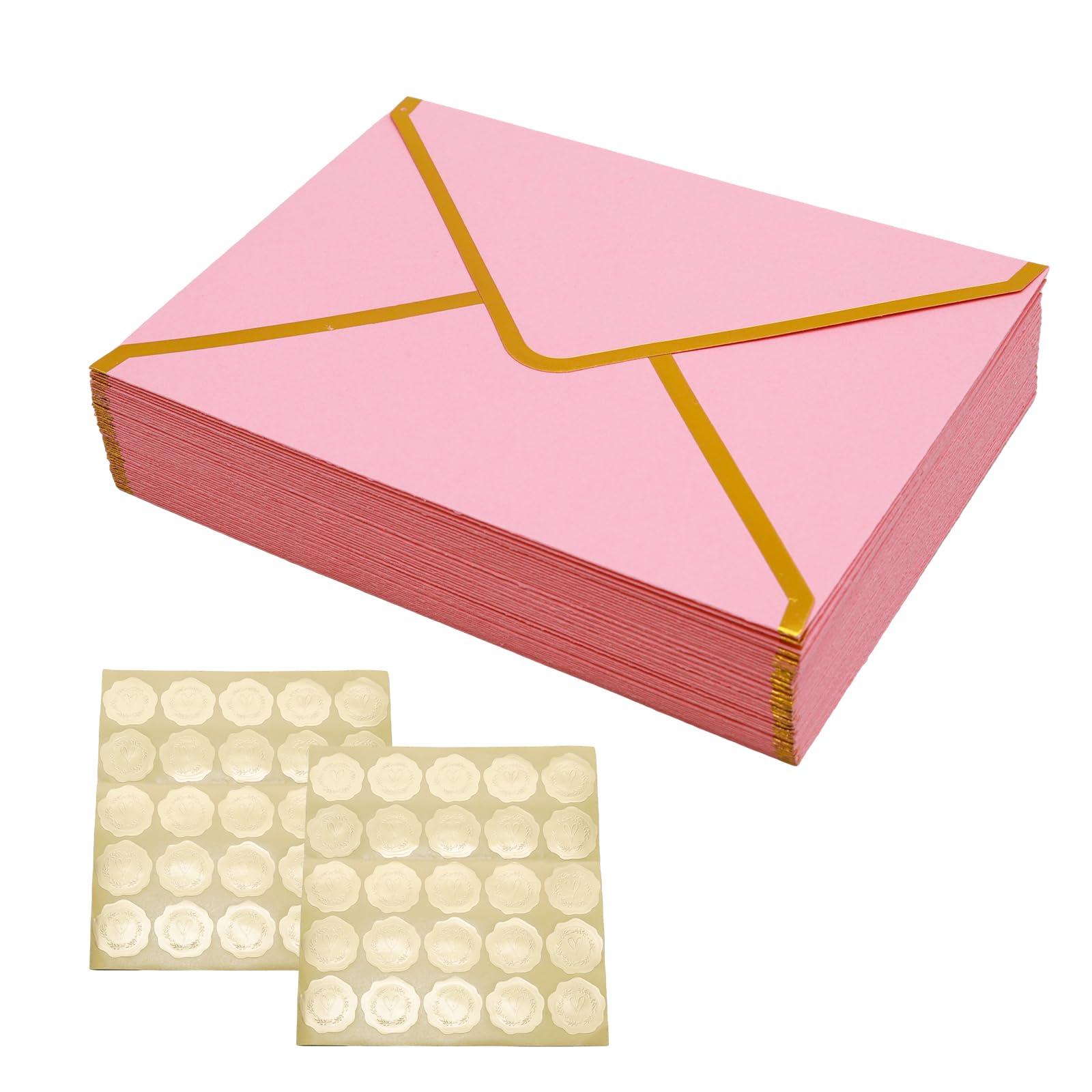 Lilaly 50 Pcs Invitation Envelopes, Pink Wedding Envelopes 5x7, A7 with Gold Border for Graduation, Wedding, Greeting