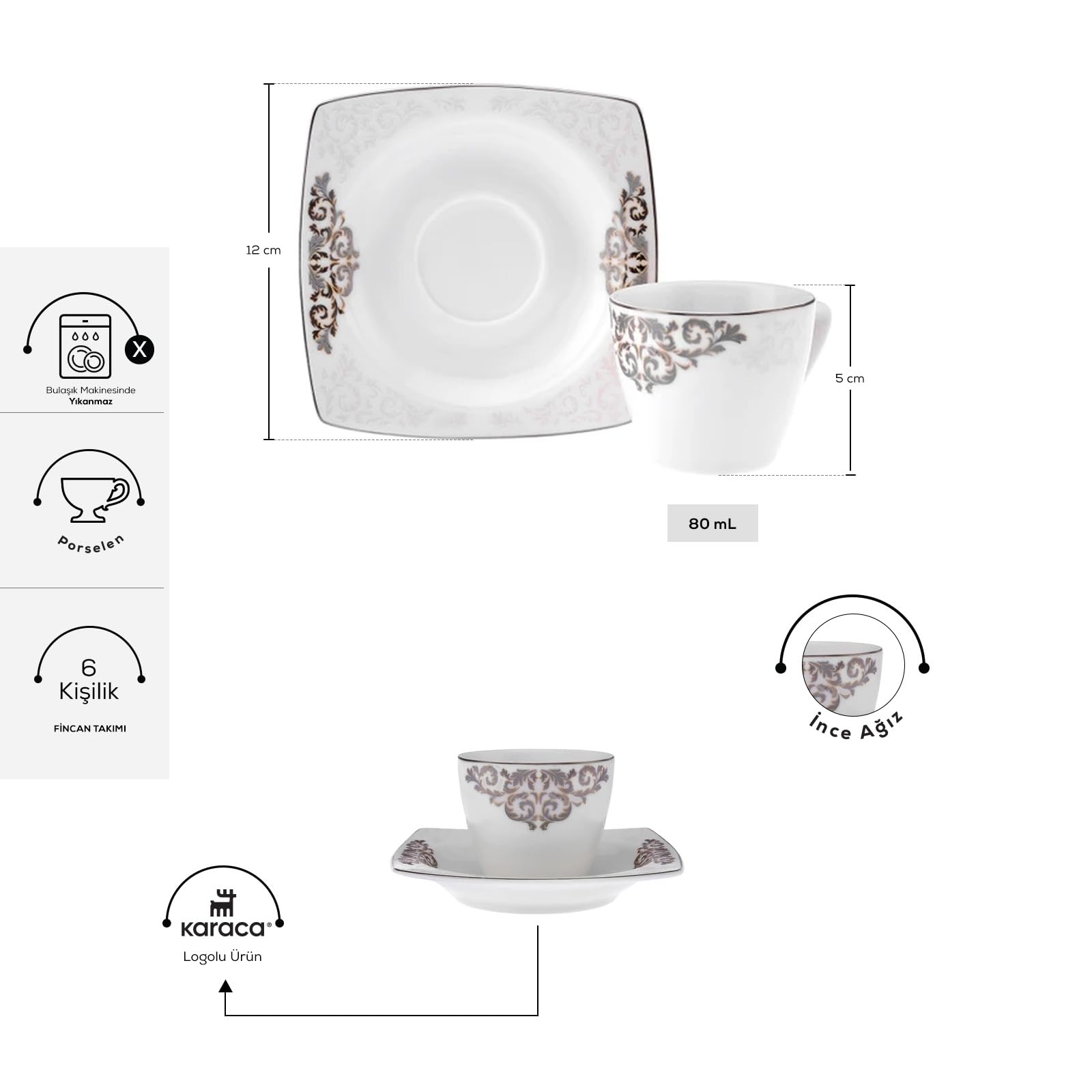 KARACA Nazende Porzellan Espressotassen Set - 80 ml Türkische Kaffeetassen mit Untertassen 12-teilig Kaffeeservice Modern mit 6 x Kaffeetasse & 6 x Untertasse, Mokkatassen - Weiß