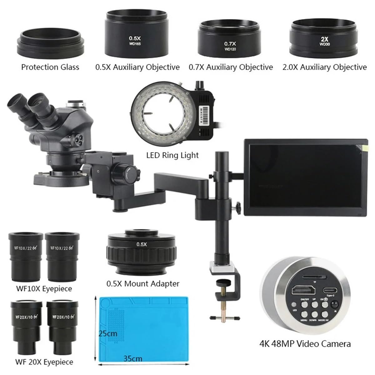 Microscope 3.5X-200X Stereo Trinocular Microscope Clamp Folding Extension Type Base 48MP 55MP 4K 2K HDMI USB VGA Video Camera +11.6 Display(48MP 4K HDMI Type-c)