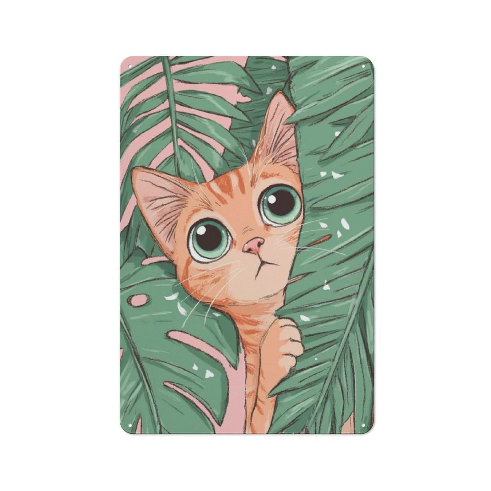Junmoney Style-2 Cute Cat Peeking Through Tropical Leaves Warehouse Style Metal Wall Decor 30X20cm, Metal Wall Sign For Workspace, Cafe, Hallway Or Garage