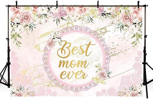Miniatura 4 de Fondo de 7 x 5 pies para el Día de la Madre con texto en inglés "I Love You Mom Best Mom Ever", decoraciones de fiesta, flores rosas, hojas verdes,