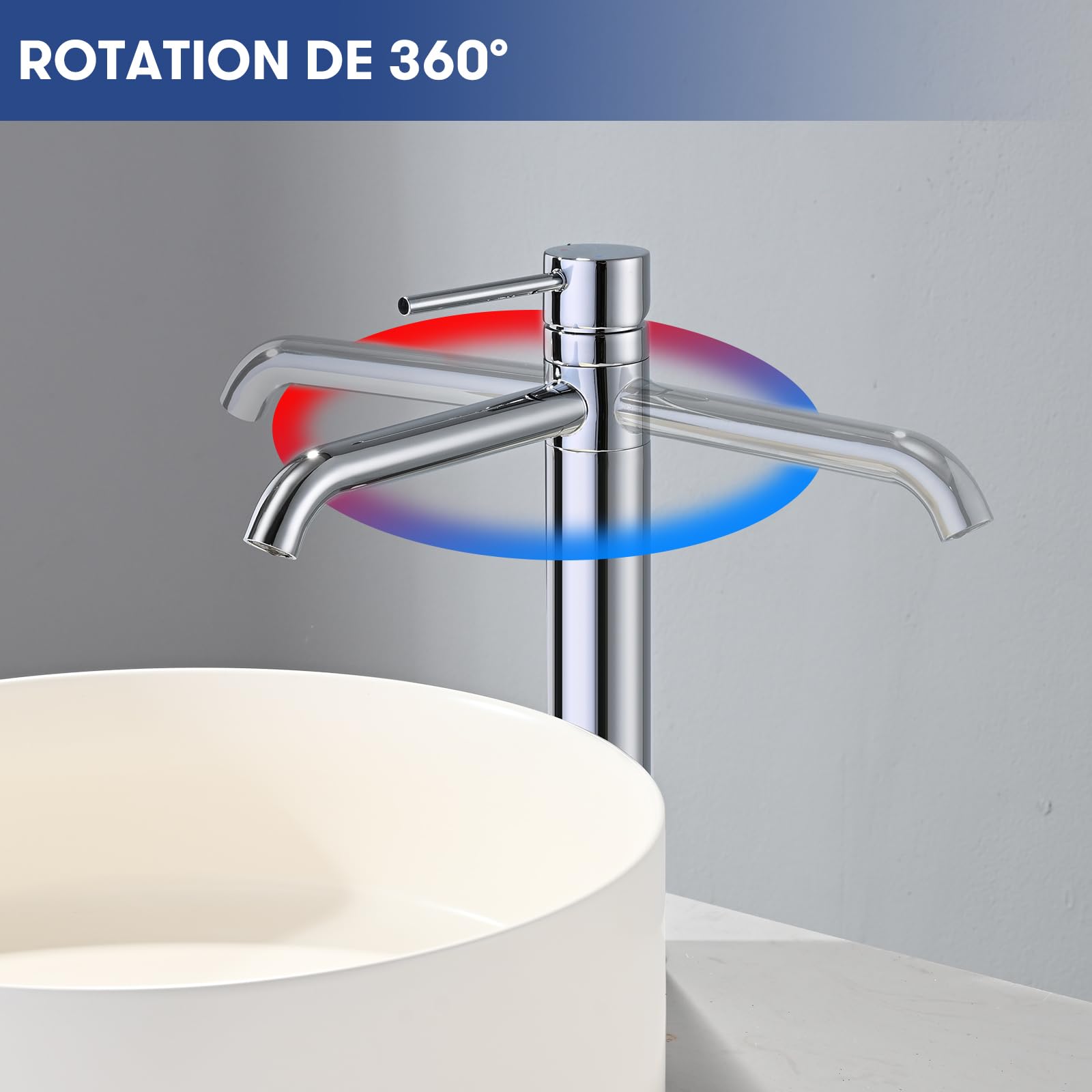 Mitigeur de Lavabo Haut Pivotant à 360°, BuntHaus Robinet pour Vasque à Poser, Robinet de Lavabo Salle de Bains, Chaud et Froid, Hauteur de Bec 204mm, Aérateur Amovible, Acier Inoxydable Chromé