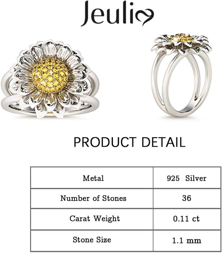 Jeulia s925 Sterling Silver Sunflower Rings Intertwined Ring Daisy Hawaiian Flower Rings for Women Halo Engagement Ring Set Bridal Anniversary with Jewelry Gift Box