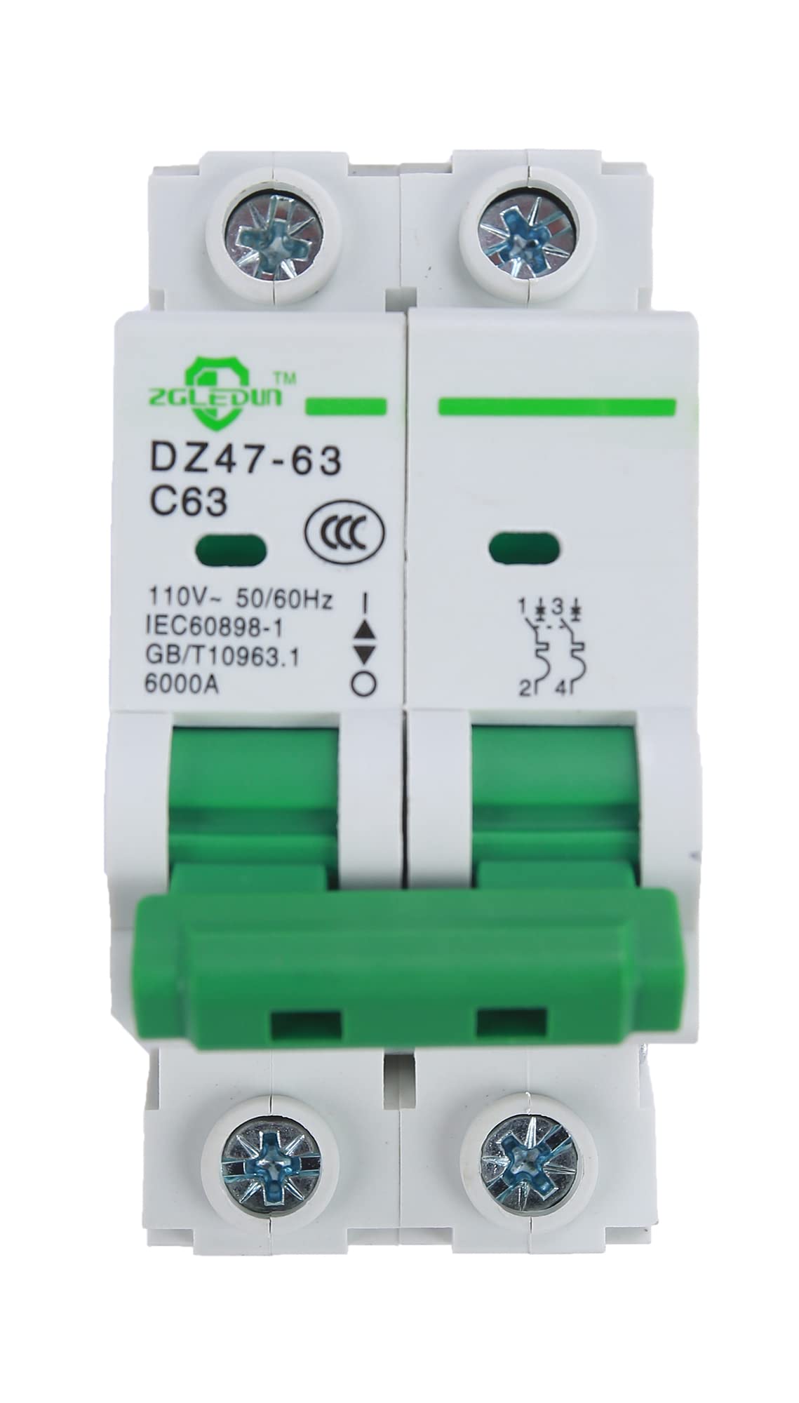 AC Miniature Circuit Breaker, 2 pole 63Amp, 12-240VAC, 6kA Din Rail Mount Breaker with Thermal Magnetic Trip, DZ47-63 2P, AC Solar MCB