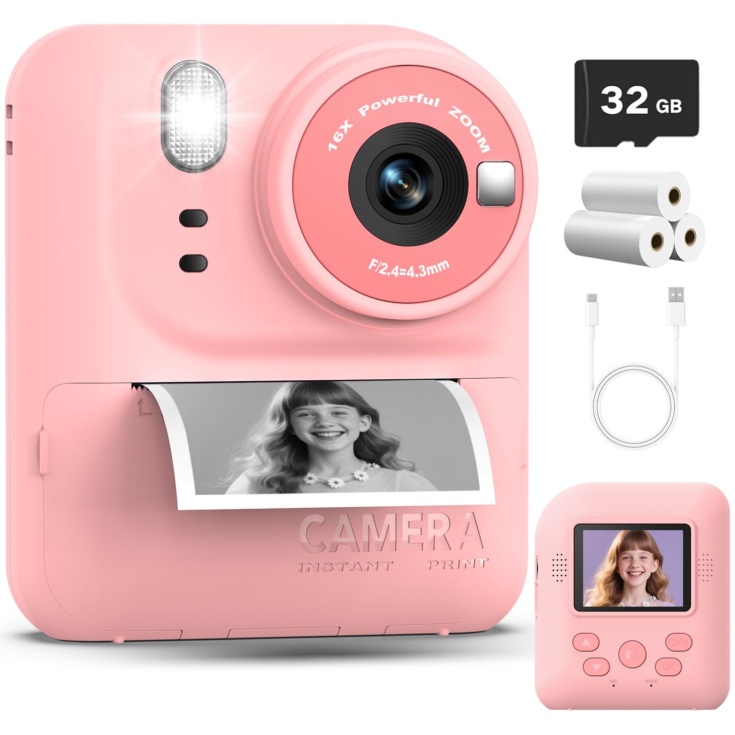 Kids Instant Print Camera Toys,1080P HD Toddler Digital Video Camera,Christmas Birthday Gifts for Girls Boys Age 3-12 Year Old - 32G SD Card Included (Pink)