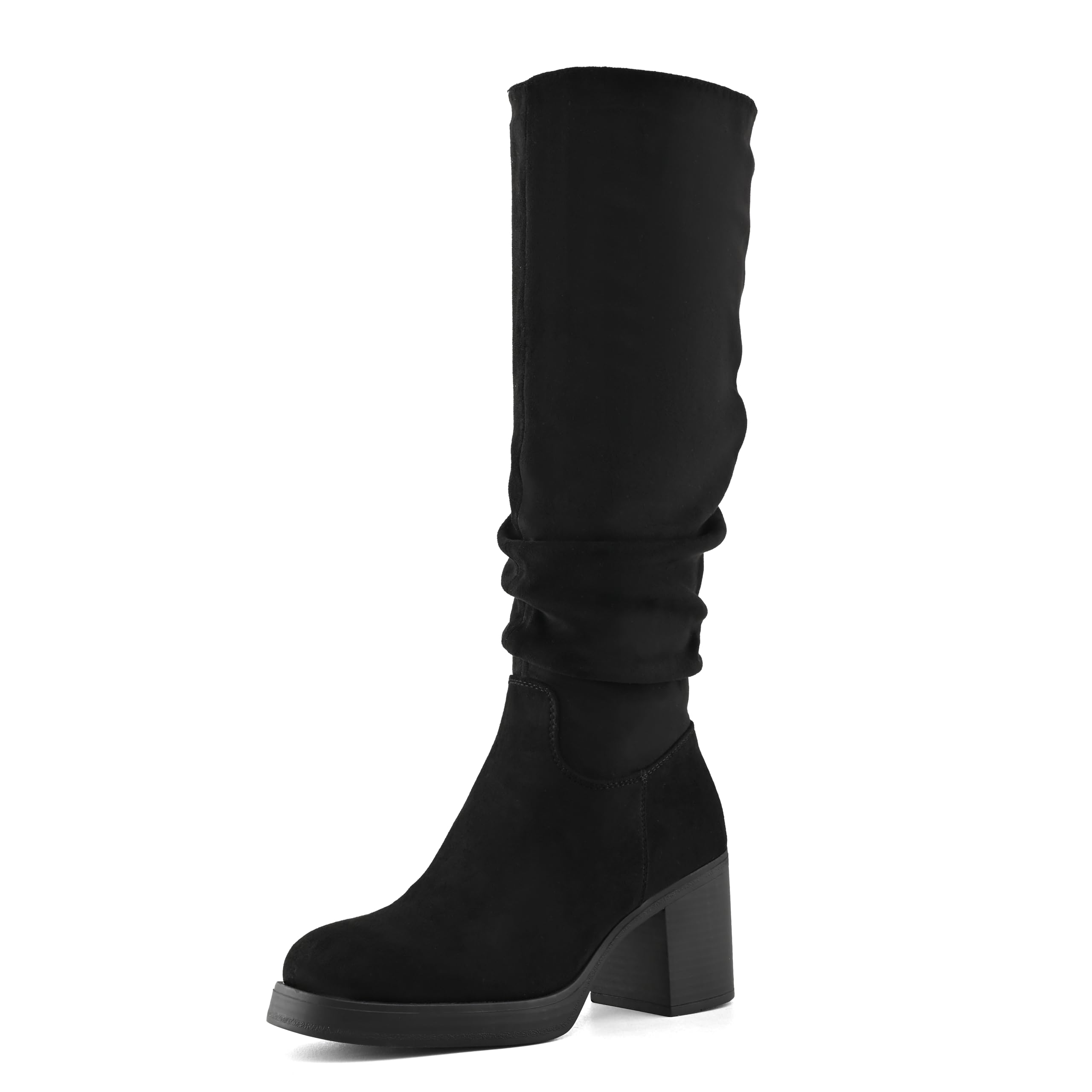 ShoeN Tale Knee High Boots for Women Chunky Heel Platform Slouchy Stretchy Suede Round Toe with Side Zipper
