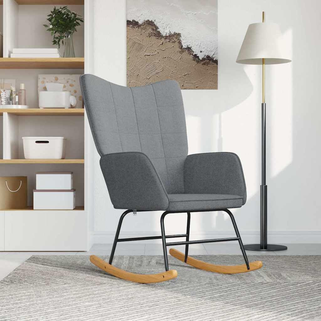 Sillón mecedora de tela gris claro con reposapiés de madera y marco de acero, cómodo sillón para salón, dormitorio, balcón y rincón de lectura interior, ergonómico, balancín estable