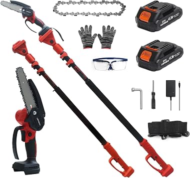 2-in-1 Cordless Pole Saw & Mini Chainsaw with 2 Batteries for Tree Trimming HONG