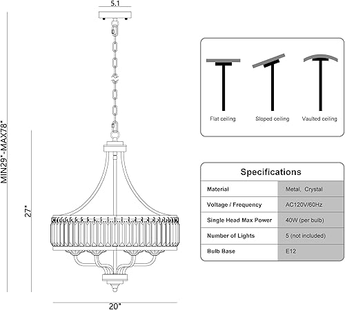 Miniatura 5 de Candelabro moderno de cristal negro de 20 pulgadas, iluminación colgante de granja de 5 luces con cadena ajustable, accesorio colgante contemporáneo