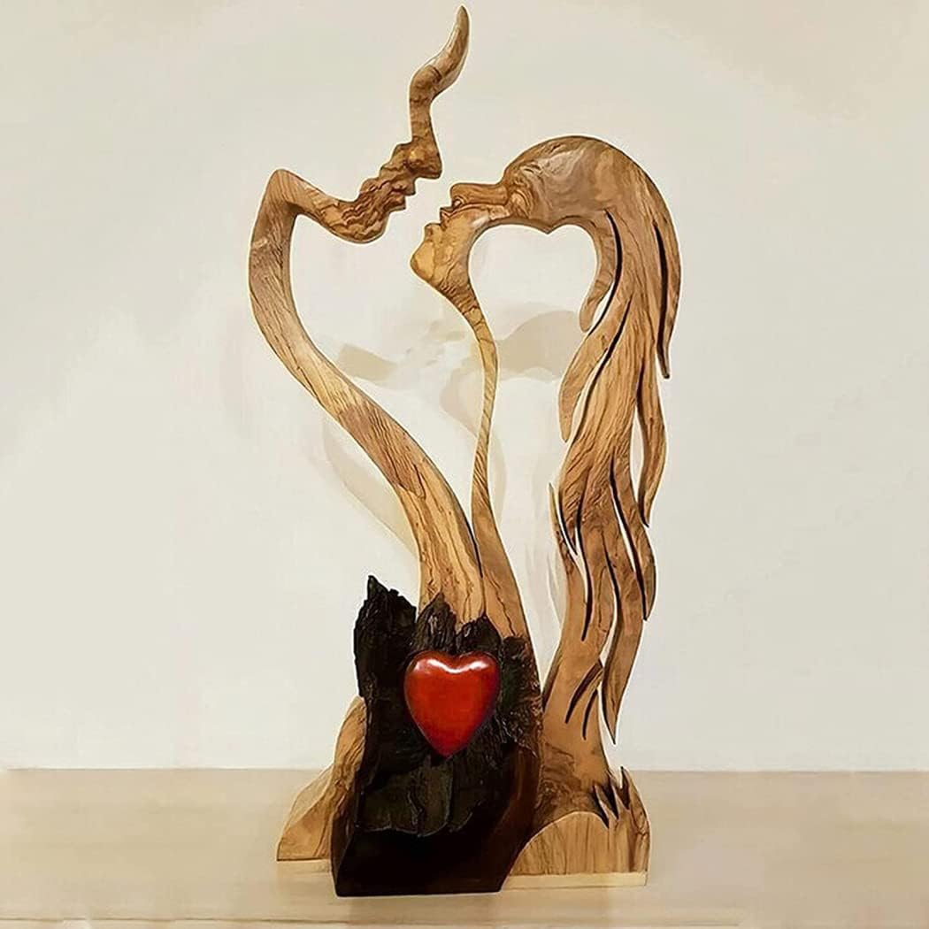 YUDIZWS Love Eternal Wood Ornaments,Indoor Ornaments,Wooden-Heart Desktop Sculpture Couple Kissing Statue Love Art Ornaments for Home Decorations,A