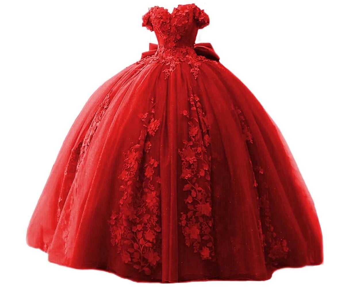 TRHTX Luxury Red Lace Quinceanera Dresses Ball Gown Puffy Off Shoulder Birthday Dresses for Women Lace Prom Dresses with Bow-Knot 10