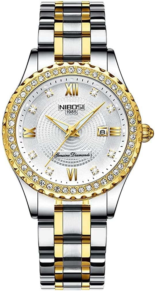NIBOSI Women's Two-Tone Diamond Watch - Luxury Dress Stainless Steel Waterproof Analog Quartz Wristwatch With Date and Luminous Display