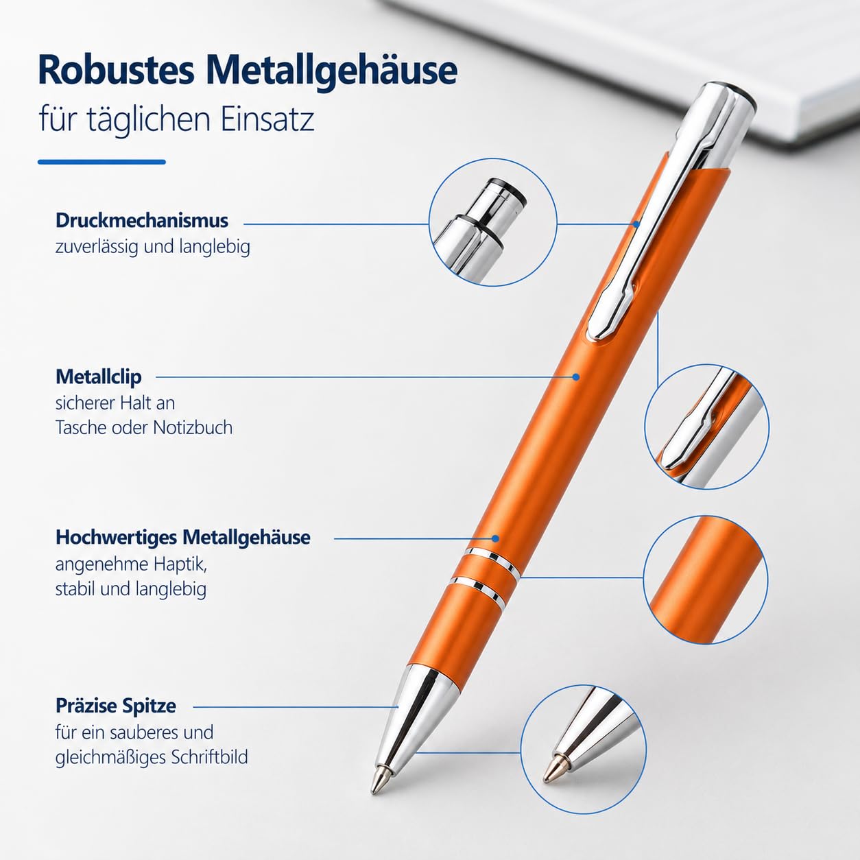 WPRO 100 Stück Metall Kugelschreiber bunt | Blauschreibende austauschbare Großraummine | Metallclip | Hochwertig | Für Büro und Studium